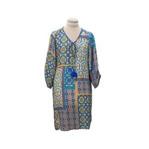 TOLANI Mixed Mosaic Print Tassel Tie 100% Silk Popover Lightweight Flowy XL Boho